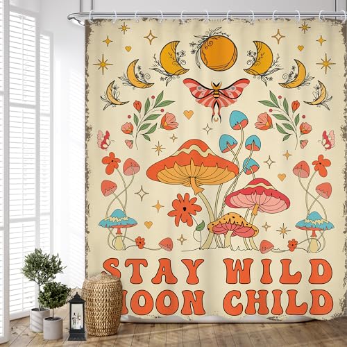 Ufeela Retro-Pilz-Duschvorhang, 152,4 x 183,9 cm, Boho-Stil, 70er-Jahre, Hippie-Motte, rustikal, mit abstrakter Mondphase, grooviger Duschvorhang, Badezimmer-Set, flippiges Badzubehör, Heimdekoration Ufeela Retro-Pilz-Duschvorhang, 152,4 x 183,9 cm, Boho-Stil, 70er-Jahre, Hippie-Motte, rustikal, mit abstrakter Mondphase, grooviger Duschvorhang, Badezimmer-Set, flippiges Badzubehör, Heimdekoration von Ufeela