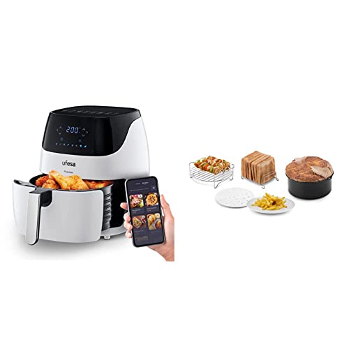 Ufesa AF5100 Heißluftfritteuse XXL Smart mit WLAN White Phantom Friteuse Luftfritteuse ohne Öl, 5 l, digitale Touch-Steuerung, 8 Programme + Heißluftfritteuse Zubehör Set 4 Teile 3,5 l oder mehr von Ufesa
