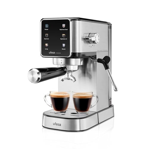 Ufesa Arona Espressomaschine 1350W mit Farbigem Touchpanel, 20 Bar, Espresso-Cool-Funktion, Verstellbare Dampfdüse, 1L Wassertank, Metall-Siebträger, Kompaktes Design, Kalter Kaffee von Ufesa