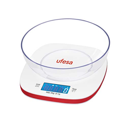 UFESA BC1450 Digitale Küchenwaage, große Schüssel aus Kunststoff, 5 kg, Weiß/Rot von UFESA