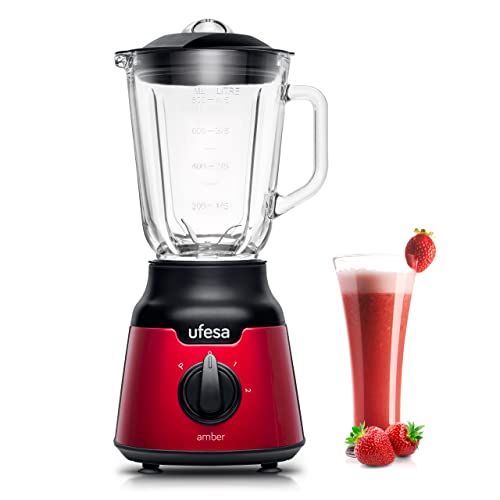 Ufesa Standmixer BS4100 Amber Red, Glasbehälter 0,8L, Impuls-/Eis-Crush Funktion, 2 Geschwindigkeiten + Pulse, 4 Edelstahlklingen, 900 W, hermetischer Verschluss, BPA-frei, Red Inox, Amazon-Exklusiv von UFESA