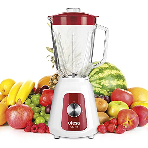 Ufesa BS4717 RUBY RED Standmixer, 500 W Leistung, Fassungsvermögen 1,5 l, Deckel mit luftdichtem Verschluss, 2 Geschwindigkeitsstufen + Pulse, 4 Edelstahlklingen, rubinrot von UFESA