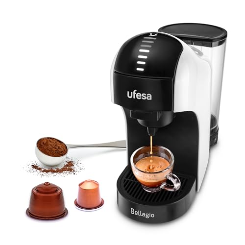 Ufesa Bellagio 3-in-1 Multi-Capsule Coffee Machine for Nespresso Original Capsule, Dolce Gusto or Ground Coffee, Digital Touch Panel with 7 Levels, 1 L Water Tank, 1400 W, 15 Bar Pressure, Compact Ufesa Bellagio 3-in-1 Multi-Capsule Coffee Machine for Nespresso Original Capsule, Dolce Gusto or Ground Coffee, Digital Touch Panel with 7 Levels, 1 L Water Tank, 1400 W, 15 Bar Pressure, Compact von Ufesa