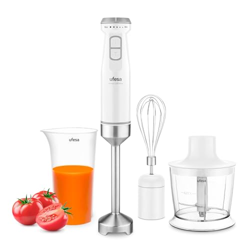 Ufesa Stabmixer Venus Max 1200W mit Turbofunktion, 4 Edelstahlklingen, Variable Geschwindigkeit, Spritzschutz-Design, 3-in-1-Set mit Zerkleinerer, Schneebesen und Messbecher von Ufesa