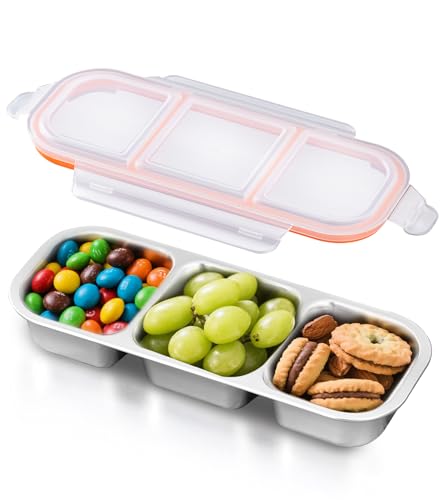 Ugotit Snackbox Lunchbox Meal Prep 3 Fächer, luftdicht, lebensmittelecht, Edelstahl, Kimchi Behälter, Backofen- und Spülmaschinenfest (Orange, 600 ml) von Ugotit