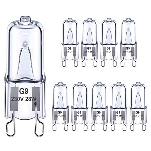 Ugvmn G9 Halogenlampen Backofenlampe 28W, G9 Klare Kapselbirne Warmweiß 2700K, G9 Ofenbirne Kein Blitz, G9 Bi-Pin Base Kein Flimmern, Dimmbar, 350°C Hitzetolerante, 10er Pack von Ugvmn