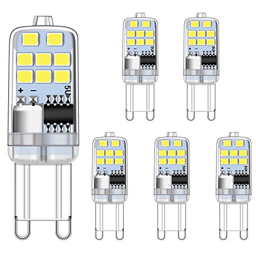 Ugvmn G9 LED leuchtmittel 2W Kaltweiss 6000K Entspricht 15W 20W Halogen lampen, kein Flimmern G9 Glühbirnen, nicht dimmbar G9 fassung Energie sparen lampe, 200 LM, AC 220-240V, 5er Pack von Ugvmn