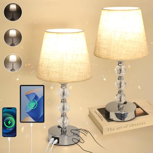 Nachttischlampe 2er Set, Crystal Nachttischlampe Touch Dimmable für Schlafzimmer mit USB C+A Ladeanschlüssen, Nachttischlampe mit Ladefunktion, Night Light mit weißem Stoffschirm für Wohnzimmer Nachttischlampe 2er Set, Crystal Nachttischlampe Touch Dimmable für Schlafzimmer mit USB C+A Ladeanschlüssen, Nachttischlampe mit Ladefunktion, Night Light mit weißem Stoffschirm für Wohnzimmer von Ugvmn