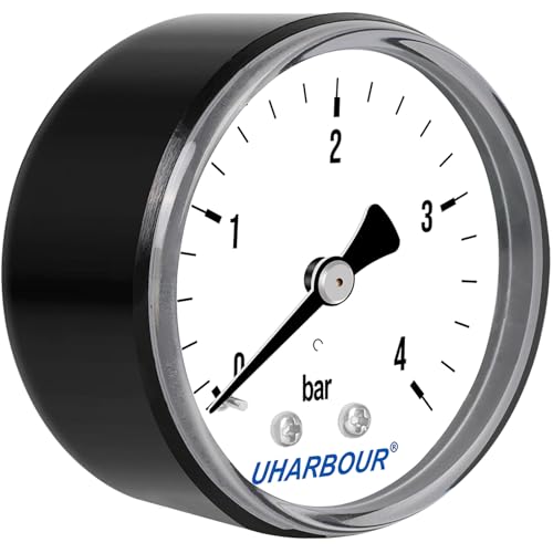 UHARBOUR Manometer Wasser 0-4 Bar, Manometer 1/4 Zoll, Manometer Druckluft Halterung auf der Rückseite, Druckluft Manometer 1/4 BSP-Messinganschluss von Uharbour