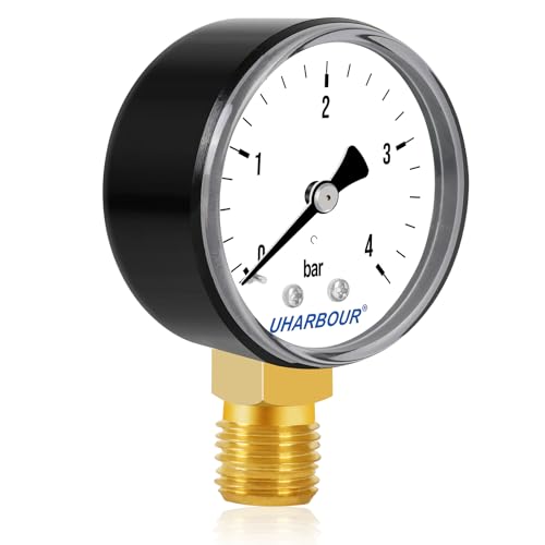 UHARBOUR Manometer Wasser 0-4 Bar, Manometer 1/4 Zoll, Manometer Druckluft Untere Halterung, Druckluft Manometer 1/4 BSP-Messinganschluss von Uharbour