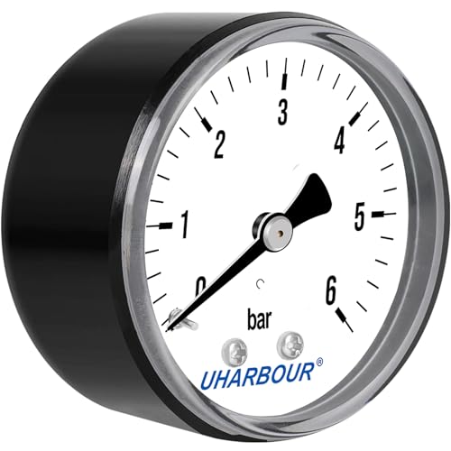 UHARBOUR Manometer Wasser 0-6 Bar, Manometer 1/4 Zoll, Manometer Druckluft Halterung auf der Rückseite, Druckluft Manometer 1/4 BSP-Messinganschluss von Uharbour