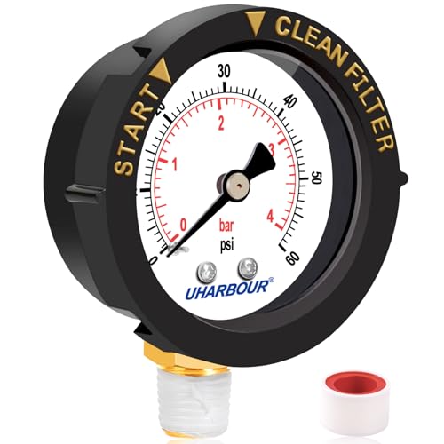 UHARBOUR Pool-Filter-Manometer, 60 psi, 5,1 cm Zifferblatt mit Schutzgehäuse und 1/4-Zoll-NPT-Bodenhalterung, Pool-Manometer für Schwimmbadfilter von Uharbour