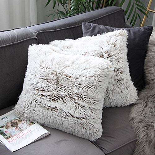 Uhomy Home Decorative Luxury Series Super Soft Style Kunstfell Wurfkissenbezug Kissenbezug für Sofa/Bett Braun Khaki Ombre 18x18 Zoll 45x45cm 2er Set von Uhomy