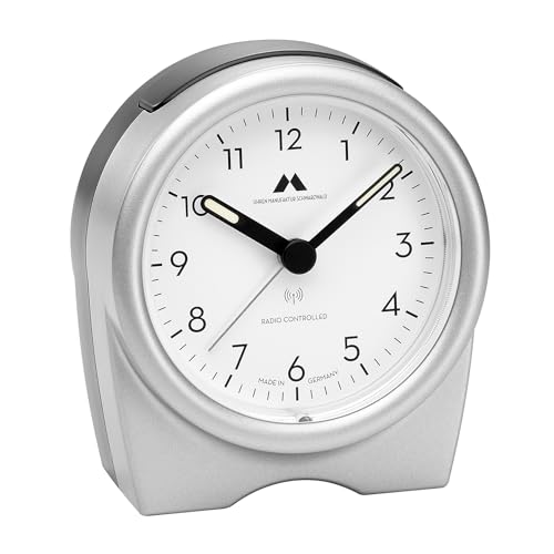 Uhren Manufaktur Schwarzwald Funkwecker, analog, leises Uhrwerk, mit Schlummerfunktion (Snooze) und ansteigendem Alarm (Crescendo), Farbe:Silber von Uhren Manufaktur Schwarzwald