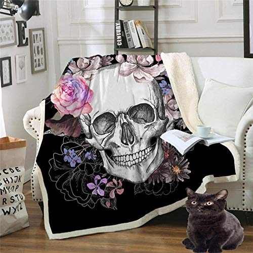 Totenkopf Blumen Wohndecken Kuscheldecken Tagesdecke Fleecedecke Sofadecke Schlafdecke Kuschelige Decke für Kinder und Erwachsene Schwarz 130x150cm von Uignite