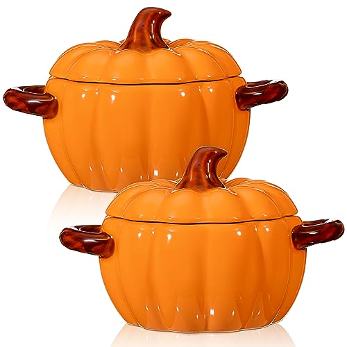 Uiifan 2 Stück Kürbisschalen Keramik Kürbisschale 482 ml Kasserolle Kochgeschirr Kürbistopf zum Kochen Niedlicher Kürbis sicherer Ofentopf mit Deckel Doppelohren für Thanksgiving Herbst Herbst Backen von Uiifan