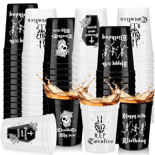 Uiifan 24 Stück Gothic Death to My 20s Party Wiederverwendbare 473 ml dicke Kunststoffbecher Totenkopf-Design RIP Bachelorette Tasse Schwarz Weiß für Rip to My 20s Birthday Dekorationen für 30. von Uiifan