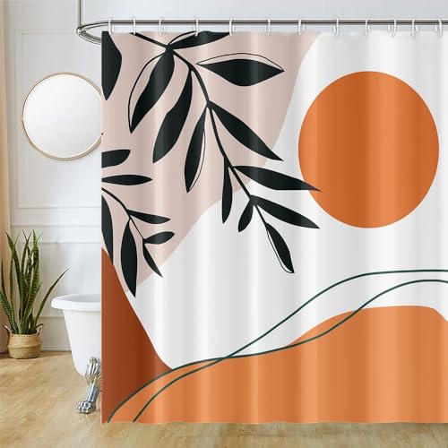 Uiiooazy Duschvorhang 180x180cm, Duschvorhang Anti Schimmel Boho Style Terracotta Sonne Schwarz Blätter Duschvorhänge Stoff Waschbar Wasserdicht Polyester Bad Vorhang mit 12 Haken für Badezimmer von Uiiooazy
