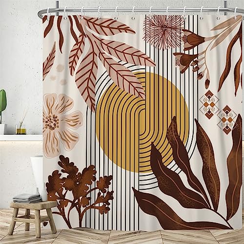 Uiiooazy Duschvorhang Boho Style, Duschvorhang 180x200cm Rosa Abstrakt Blumen Gelb Sonne Duschvorhänge Anti Schimmel Stoff Waschbar Wasserdicht Polyester Bad Vorhang mit 12 Haken für Badezimmer von Uiiooazy