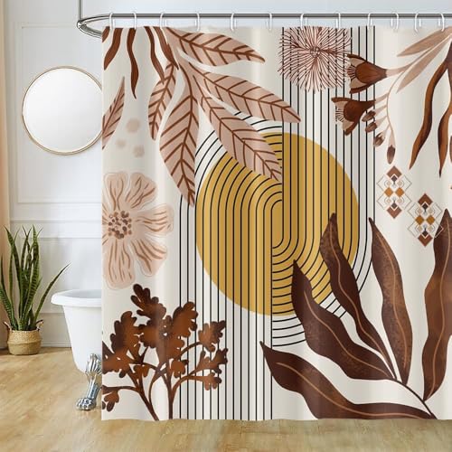 Uiiooazy Duschvorhang Boho Style, Duschvorhang 200x180cm Rosa Abstrakt Blumen Gelb Sonne Duschvorhänge Anti Schimmel Stoff Waschbar Wasserdicht Polyester Bad Vorhang mit 12 Haken für Badezimmer von Uiiooazy