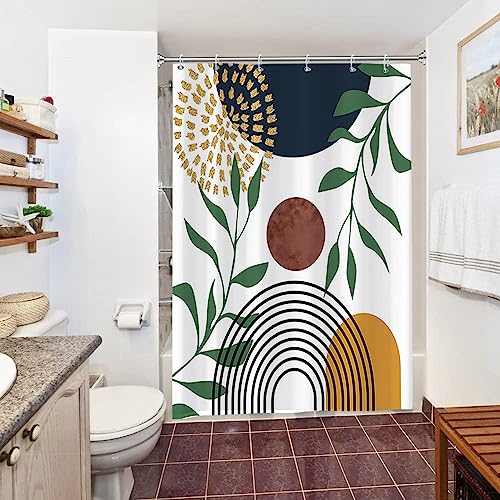 Uiiooazy Duschvorhang 150x200cm, Duschvorhang Grüne Blätter Abstrakt Blau Orange Geometrisches Muster Duschvorhänge Anti Schimmel Stoff Waschbar Wasserdicht Bad Vorhang mit 10 Haken für Badezimmer von Uiiooazy
