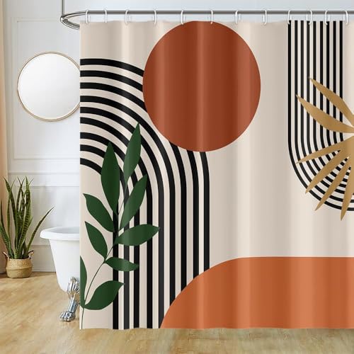Uiiooazy Duschvorhang Terracotta, Duschvorhang 200x180cm Boho Style Orange Abstrakt Kunst Grüne Blätter Duschvorhänge Anti Schimmel Stoff Waschbar Polyester Bad Vorhang mit 12 Haken für Badezimmer von Uiiooazy