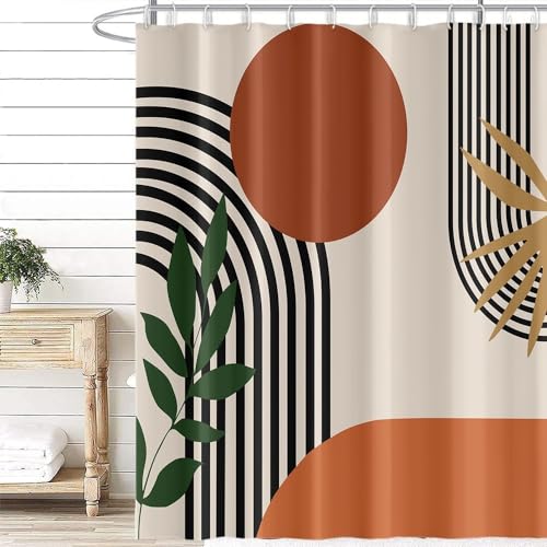 Uiiooazy Duschvorhang Terracotta, Duschvorhang 180x240cm Boho Style Orange Abstrakt Kunst Grüne Blätter Duschvorhänge Anti Schimmel Stoff Waschbar Polyester Bad Vorhang mit 12 Haken für Badezimmer von Uiiooazy