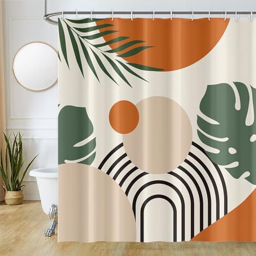 Duschvorhang Abstrakt Boho, Uiiooazy Duschvorhang Terracotta Palmenblätter Mitte des Jahrhunderts Duschvorhäng Anti Schimmel Wasserdicht Polyester Stoff Blickdicht Bad Vorhang mit 12 Haken 180Bx180Hcm von Uiiooazy