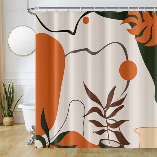 Duschvorhang Abstrakt Boho, Uiiooazy Duschvorhang Terracotta Palmenblätter Textil Duschvorhäng Anti Schimmel Wasserabweisend Polyester Stoff Waschbar Bad Vorhang mit 12 Haken für Badewanne 180Bx180Hcm von Uiiooazy