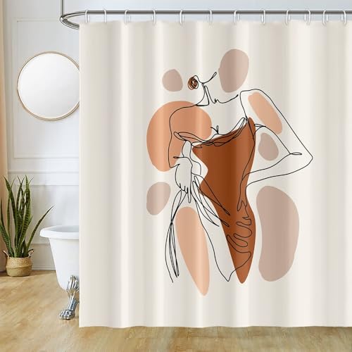 Uiiooazy Duschvorhang 180x220cm, Duschvorhang Anti Schimmel Boho Style Terracotta Abstrakt Schwarz Linien Duschvorhänge Stoff Waschbar Wasserdicht Polyester Bad Vorhang mit 12 Haken für Badezimmer von Uiiooazy