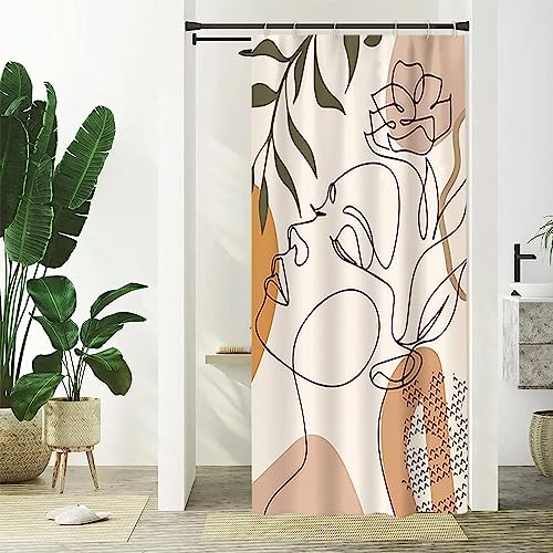 Uiiooazy Duschvorhang Boho, Duschvorhang Schmal 90x180cm Anti Schimmel Abstrakt Frau Gesichter Grüne Blätter Duschvorhänge Stoff Waschbar Wasserdicht Polyester Bad Vorhang mit 6 Haken für Badezimmer von Uiiooazy