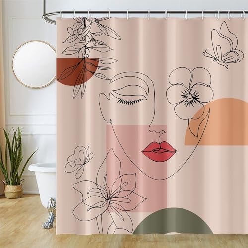 Uiiooazy Duschvorhang 180x180cm, Duschvorhang Anti Schimmel Boho Style Abstrakt Frau Gesichter Blumen Duschvorhänge Stoff Waschbar Wasserdicht Polyester Bad Vorhang mit 12 Haken für Badezimmer von Uiiooazy