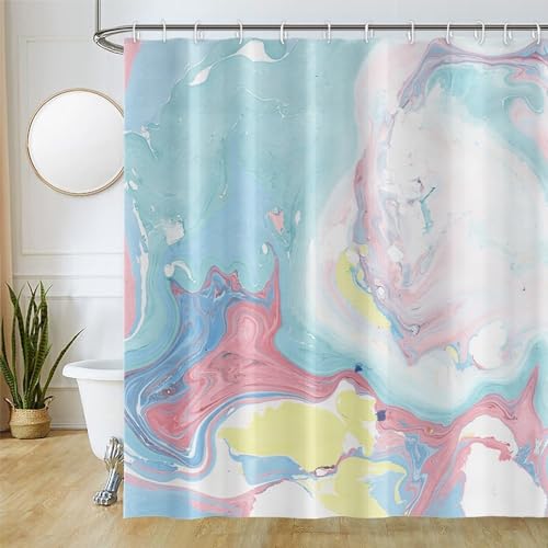 Uiiooazy Duschvorhang Marmor Blau, Duschvorhang Rosa Weiß Marmoriert Duschvorhäng Anti Schimmel Wasserdicht Polyester Stoff Waschbar Blickdicht Bad Vorhang mit 12 Haken für Badezimmer 240Bx180Hcm von Uiiooazy