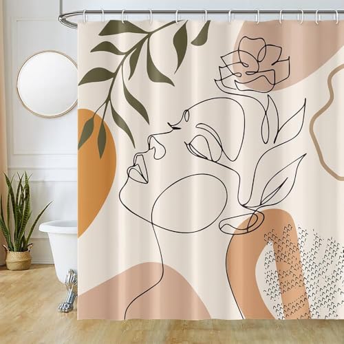 Uiiooazy Duschvorhang Boho, Duschvorhang 240x180cm Anti Schimmel Abstrakt Frau Gesichter Grüne Blätter Duschvorhänge Stoff Waschbar Wasserdicht Polyester Bad Vorhang mit 12 Haken für Badezimmer von Uiiooazy
