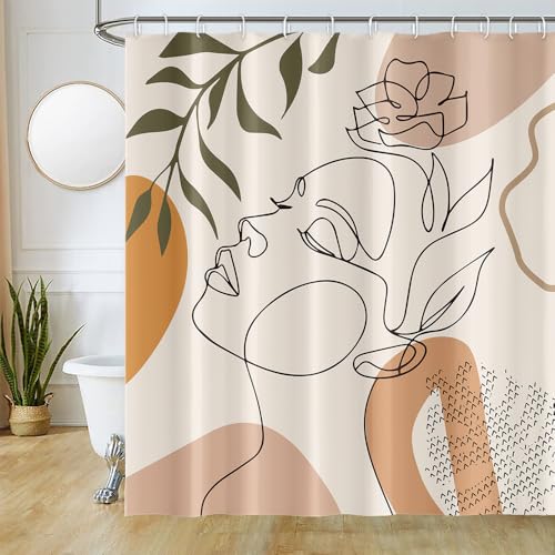 Uiiooazy Duschvorhang Boho, Duschvorhang 180x180cm Anti Schimmel Abstrakt Frau Gesichter Grüne Blätter Duschvorhänge Stoff Waschbar Wasserdicht Polyester Bad Vorhang mit 12 Haken für Badezimmer von Uiiooazy