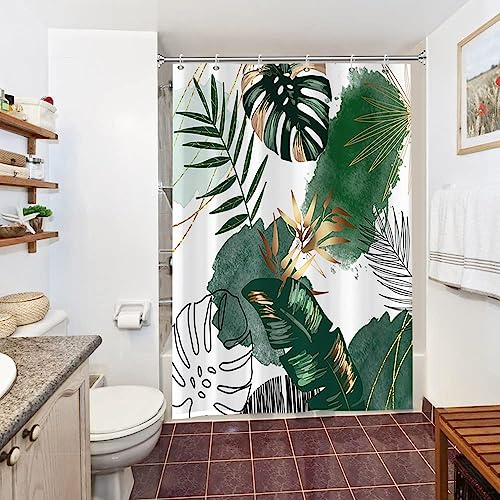 Uiiooazy Duschvorhang Grün, Duschvorhang 150x200cm Dschungel Tropisch Palmenblätter Abstrakt Monstera Duschvorhänge Anti Schimmel Stoff Waschbar Wasserdicht Bad Vorhang mit 10 Haken für Badezimmer von Uiiooazy