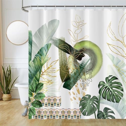 Duschvorhang Boho Style, Uiiooazy Duschvorhang Grün Gold Palmenblätter Tropische Pflanze Duschvorhäng Anti Schimmel Wasserdicht Polyester Stoff Blickdicht Waschbar Bad Vorhang mit 12 Haken 180Bx220Hcm von Uiiooazy