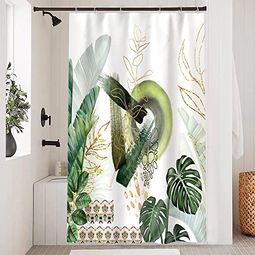 Duschvorhang Boho Style, Uiiooazy Duschvorhang Grün Gold Palmenblätter Tropische Pflanzen Duschvorhäng Anti Schimmel Wasserdicht Polyester Stoff Blickdicht Waschbar Bad Vorhang mit 8 Haken 120Bx180Hcm von Uiiooazy