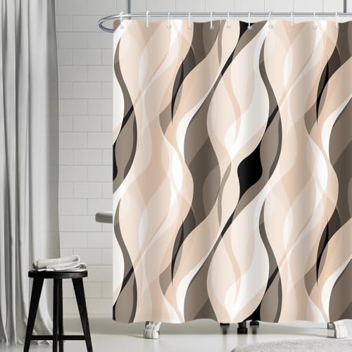 Uiiooazy Duschvorhang Creme, Duschvorhang Braun Gemustert Abstrakt Streifen Linien Duschvorhäng Anti Schimmel Wasserdicht Polyester Stoff Waschbar Bad Vorhang mit 12 Haken für Badezimmer 200x180cm von Uiiooazy