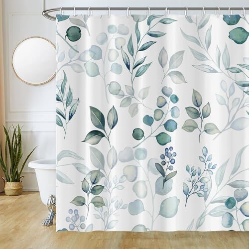Duschvorhang Eukalyptus, Uiiooazy Duschvorhang Blau Grün Blätter Aquarell Duschvorhäng Anti Schimmel Wasserdicht Polyester Stoff Blickdicht Waschbar Bad Vorhang mit 12 Haken für Badezimmer 200Bx180Hcm von Uiiooazy
