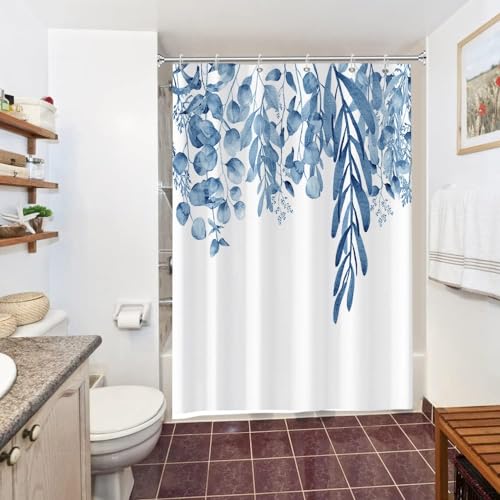 Uiiooazy Duschvorhang 150x200cm, Duschvorhang Anti Schimmel Eukalyptus Blau Blätter Aquarell Blumen Pflanzen Duschvorhänge Wasserdicht Polyester Stoff Waschbar Bad Vorhang mit 10 Haken für Badezimmer von Uiiooazy