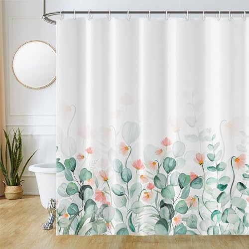 Uiiooazy Duschvorhang Eukalyptus, Duschvorhang Grün Aquarell Blätter Rosa Blumen Duschvorhäng Anti Schimmel Wasserdicht Polyester Stoff Blickdicht Bad Vorhang mit 12 Haken für Badezimmer 180Bx200Hcm von Uiiooazy