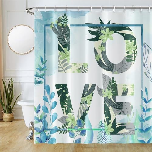 Uiiooazy Duschvorhang 180x220cm, Duschvorhang Anti Schimmel Blau Eukalyptus Grüne Grau Blätter Blumen Muster Duschvorhänge Wasserdicht Polyester Stoff Waschbar Bad Vorhang mit 12 Haken für Badezimmer von Uiiooazy