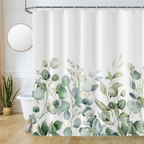 Duschvorhang Eukalyptus, Uiiooazy Duschvorhang Grün Blätter Aquarell Pflanzen Motiv Duschvorhäng Badezimmer Anti Schimmel Wasserdicht Polyester Waschbar Blickdicht Bad Vorhang mit 12 Haken 180Bx220Hcm von Uiiooazy