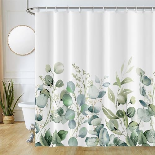 Uiiooazy Duschvorhang 180x240cm, Duschvorhang Anti Schimmel Grüne Blätter Salbeigrün Aquarell Pflanzenmuster Duschvorhänge Wasserdicht Polyester Stoff Waschbar Bad Vorhang mit 12 Haken für Badezimmer von Uiiooazy