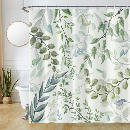 Duschvorhang Eukalyptus, Uiiooazy Duschvorhang Grün Blätter Blau Grau Pflanzen Motiv Duschvorhäng Anti Schimmel Wasserdicht Polyester Stoff Waschbar Bad Vorhang mit 12 Haken für Badezimmer 220Bx180Hcm von Uiiooazy