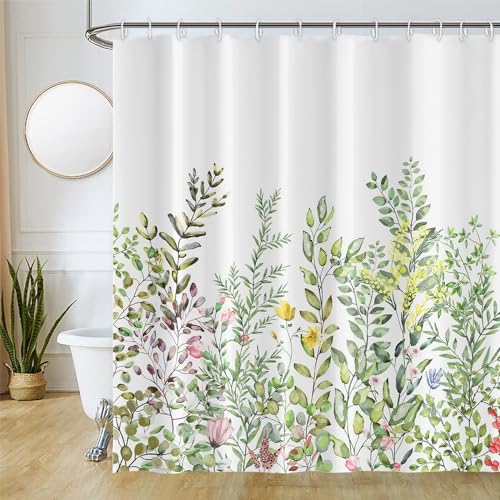 Uiiooazy Duschvorhang 180x220cm, Duschvorhang Anti Schimmel Grüne Blätter Eukalyptus Bunt Blumen Vintage Duschvorhänge Stoff Waschbar Wasserdicht Polyester Bad Vorhang mit 12 Haken für Badezimmer von Uiiooazy