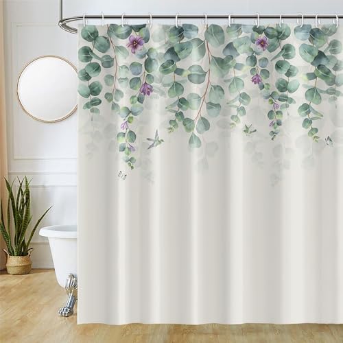 Duschvorhang Eukalyptus, Uiiooazy Duschvorhang Grün Blätter Blumen Lila Pflanzen Duschvorhäng Antischimmel Wasserdicht Polyester Stoff Waschbar Blickdicht Badvorhang mit Haken für Badezimmer 180x200cm von Uiiooazy