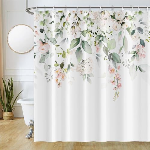 Duschvorhang Eukalyptus, Uiiooazy Duschvorhang Grün Blätter Blumen Rosa Duschvorhäng Anti Schimmel Wasserabweisend Polyester Stoff Waschbar Blickdicht Badvorhang mit 12 Haken für Badewanne 180Bx200Hcm von Uiiooazy