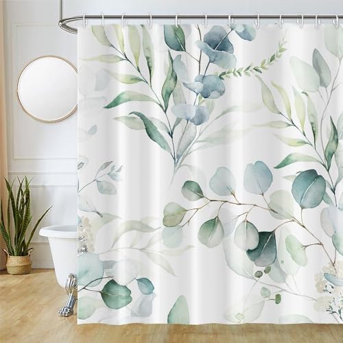 Duschvorhang Eukalyptus, Uiiooazy Duschvorhang Grün Blätter Blumenmuster Duschvorhäng Anti Schimmel Wasserabweisend Polyester Stoff Waschbar Blickdicht Bad Vorhang mit Haken für Badezimmer 220Bx180Hcm von Uiiooazy